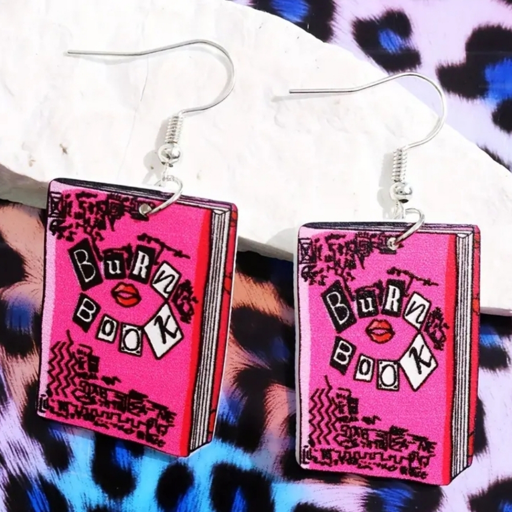 NWT! Y2K Mean Girls Pink Burn Book Dangle Earrings